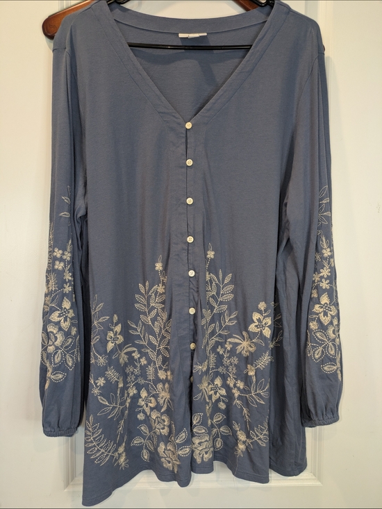 J. Jill Tops - J Jill XL Blue Embroidered Floral Tunic Top Boho Long Sleeve Blouse